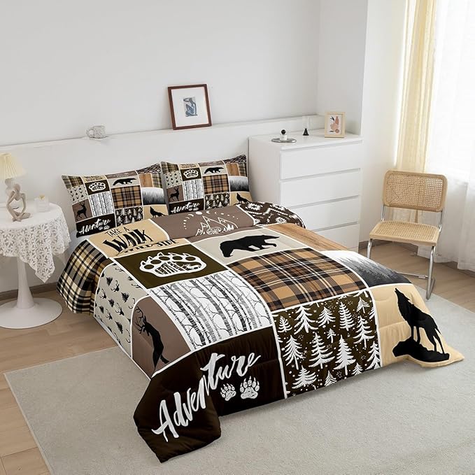 Rustic Farmhouse Kids Comforter Set King Size,Deer Antlers Bear Paws Plaids Patchwork Bedding Set for Boys Girls Adults Room Decor,Pine Trees Xmas Down Comforter,Brown Duvet Insert,2 Pillowcases