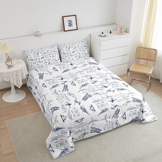 Feelyou Aircraft Bedding Set Kids Airplane Print Comforter Set Boys Girls Decor Aircraft Flying Comforter Cover Set Microfiber Sketch Style Blue White Duvet Set Bedroom Quilt Set Full Size