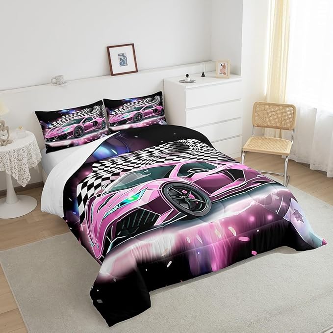 Pink Race Car Bedding Set King Size,Racing Flag Black White Lattice Duvet Cover with 2 Pillowcases,Extreme Sport Game Comforter Cover for Kids Youths Boys Girls Room Decor,Modern Quilt Cover