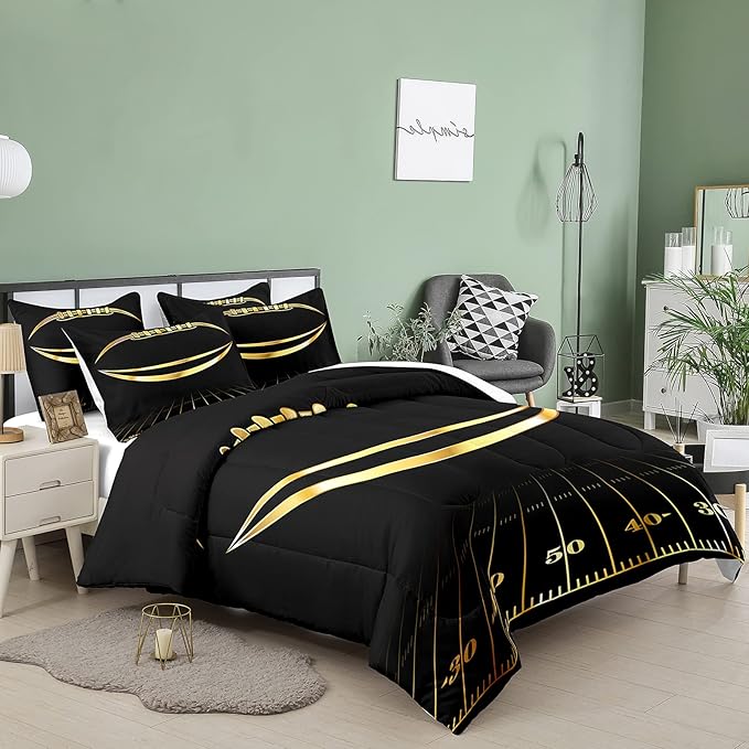 Bodhi Black and Gold Football Comforter Set King for Boys Kids Sport Comforter Football Bedding Set American Football Comforter with Pillowcase,Soft Football Quilt,King Size