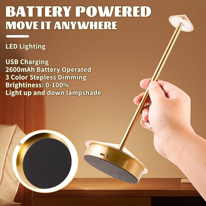 Rechargeable Battery Operated Desk Lamp with Touch Sensor Cordless Portable LED Table Lamp， Three-Level Dimmable Suitable for Bars/Cafes/Restaurants/Bedrooms/Camping Sites (Gold)