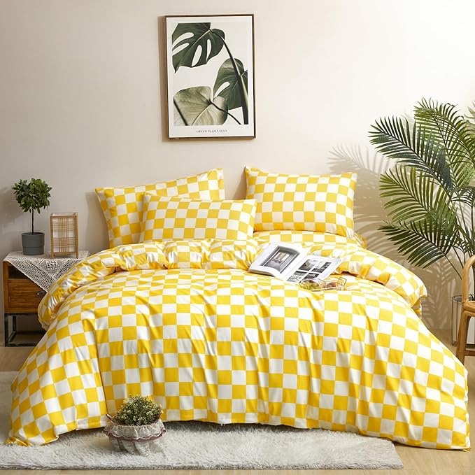 Brand King 3PC Bedding Set, Grid Yellow White Comforter Set with Checkered Pattern, All Season Breathable Blanket Set, Durable Bedding for Men and Women, Ideal Gift