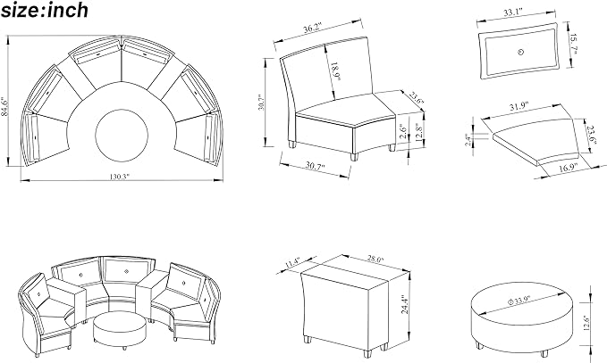 9 Pieces Outdoor Furniture Half Moon Wicker Patio Sets with Coffee Table, All-Weather Fan-Shaped Curved Sectional Sofa Couch with Beige Cushions, Onesize, Gray Rattan