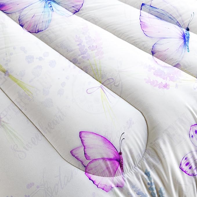 Purple Butterfly Comforter Set Queen Size for Girls Kids Adults Lavender Flowers Pattern Bedding Set Aesthetics Butterflies Quilt Bed Set with 1 Comforter and 2 Pillowcases