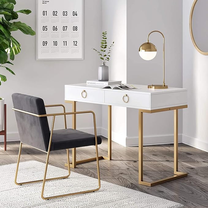 Nathan James Leighton Two-Drawer Writing Glam Accents Brass, Home Office Computer Desk or Vanity Table, 2, White/Gold, Small