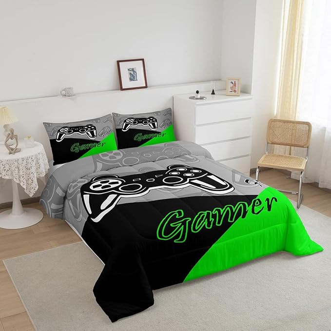 Feelyou Gamer Comforter Set Gaming Bedding Set for Teens Boys Video Game Decor Comforter Game Controller Quilted Duvet Set 1 Comforter with 1 Pillowcase Twin Green
