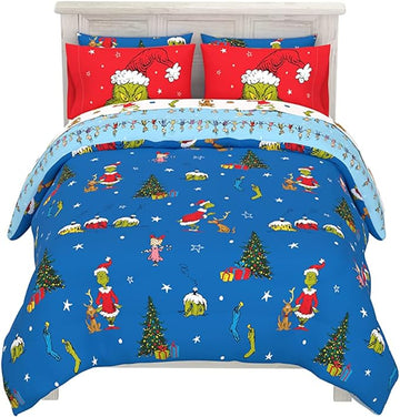 Franco Grinch by Dr. Seuss Holiday & Christmas Bedding Super Soft Comforter and Sheet Set with Sham, 7 Piece Full Size (Official Dr. Seuss product)