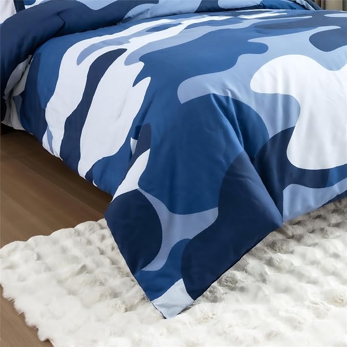 Meeting Story Camouflage Bedding Set, Colorful Pattern Style Comforter Set, 3 PCS One Comforter Two Pillowcases Two Sheets in One Bag, All Season Bedspread for Teens Adults (Navy,King