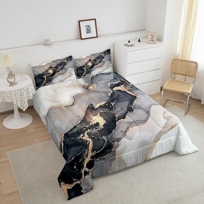 Erosebridal Black Marble Bedding Set Queen,Black and Grey Marble Comforter Set Men Teens Boys Modern Gray Orange Abstract Art Tie Dye Down Comforter Kids Gothic White Gold Marble Duvet Insert Soft