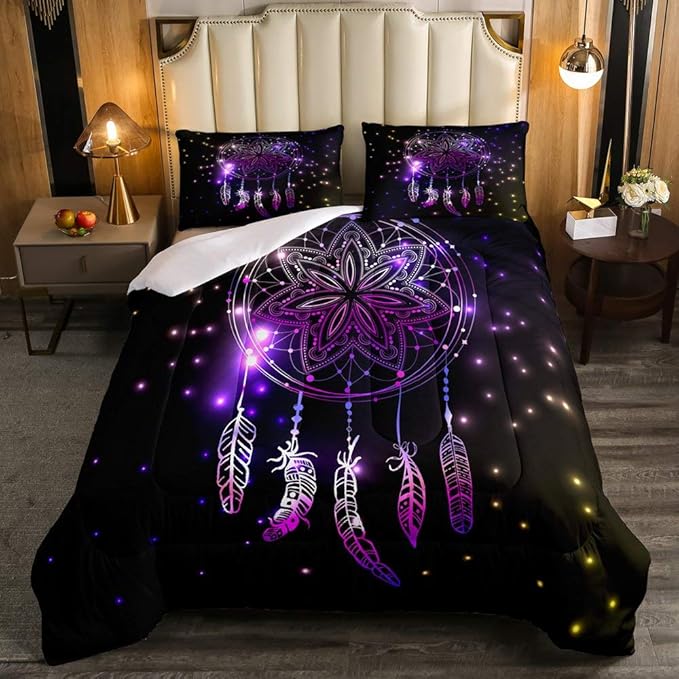 Erosebridal Dream Catcher Feather Comforter Set, Bohemian Mandala Down Comforter Full Size for Kids Girls Boys, Starry Sky Galaxy Bedding Set Boho Tie Dye Exotic Flower Quilted Duvet, Purple