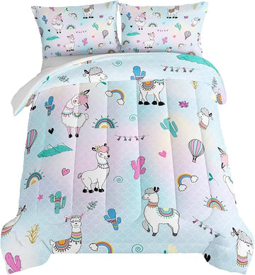 HOSIMA 3 Piece Cartoon Animal Llama Comforter,Cute Alpaca Toddler Comforter,Desert Cactus Plant Twin Bed in a Bag Sets for Adults Kids,Fish Scales Comforter Rainbow Twin Bedding Sets for Girls Boys.