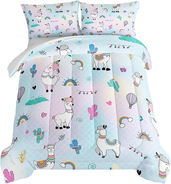 HOSIMA 3 Piece Cartoon Animal Llama Comforter,Cute Alpaca Toddler Comforter,Desert Cactus Plant Twin Bed in a Bag Sets for Adults Kids,Fish Scales Comforter Rainbow Twin Bedding Sets for Girls Boys.