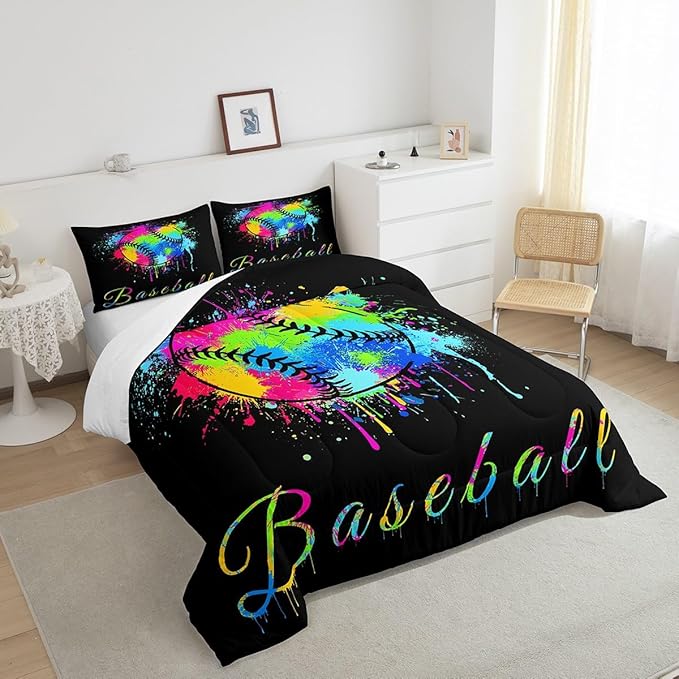 Feelyou Kids Baseball Comforter Set Queen Size Sports Game Bedding Set for Boys Girls Teens Bedroom Decor Baseball Gaming Comforter Women Men Tie Dye Duvet Set with 2 Pillow Case