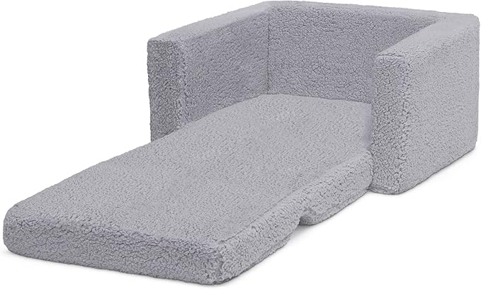 Delta Children Cozee Flip-Out Sherpa 2-in-1 Convertible Chair to Lounger for Kids, Grey