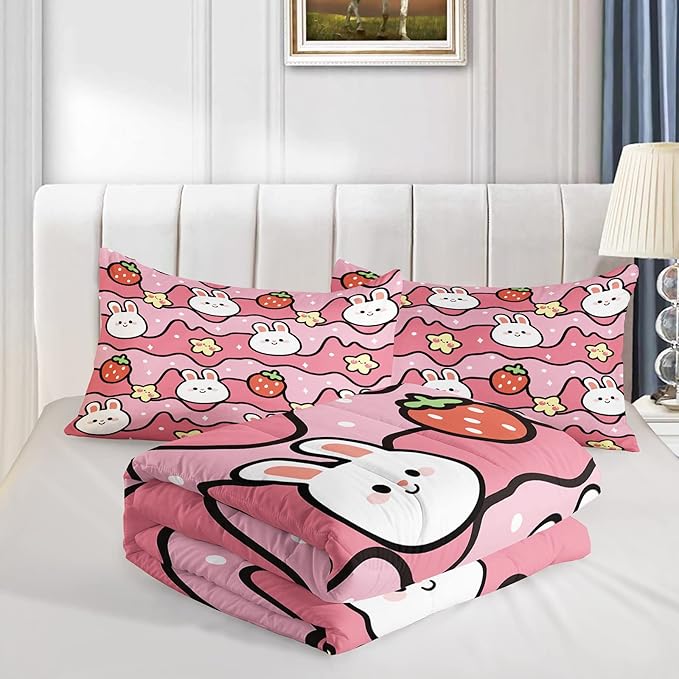 Kawaii Rabbit Comforter,Strawberry Rabbit Comforter Set for Kids Teens Girls,3Pcs Bedding Set Printed Comforter with 2 Pillowcases,Down Alternative,Soft and Lightweight(Pink，King Size)