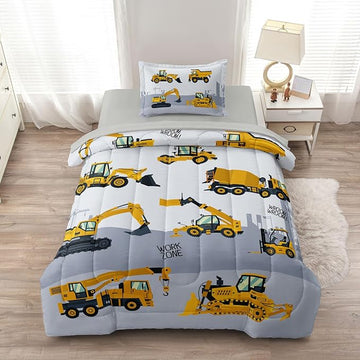 4-Pcs Construction Twin Size Boys Bedding Set, Kids Comforter Set for Teens with Sheets and Pillowcase, Soft Grey Tractor Cars Bed in a Bag Sets