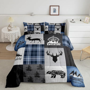 Deer Antler Bear Kids Comforter Set Queen Size,Hunting Adventure Bedding Set for Boys Girls Adults Room Decor,Geometric Plaids Patchwork Down Comforter,Rustic Farmhouse Duvet Insert,2 Pillowcases