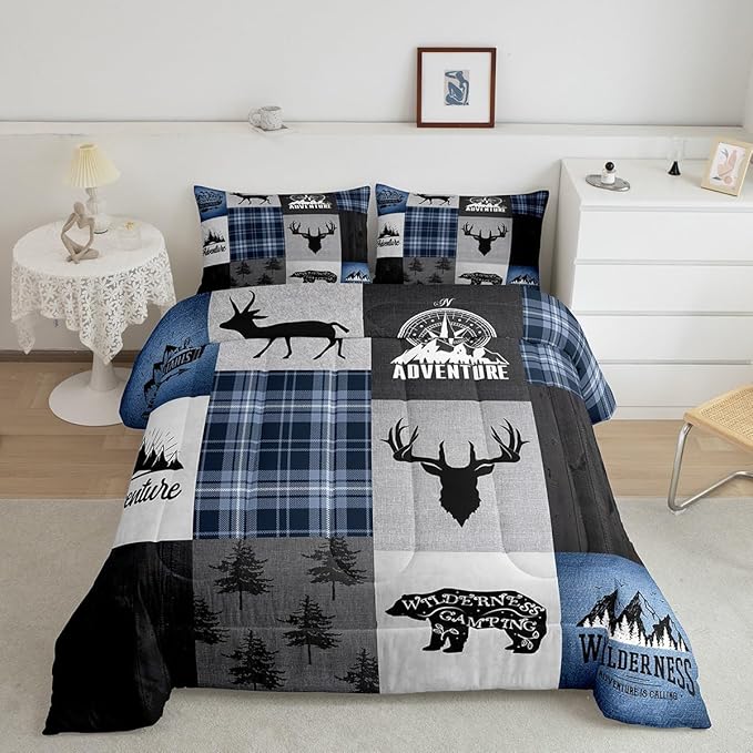 Deer Antler Bear Kids Comforter Set Queen Size,Hunting Adventure Bedding Set for Boys Girls Adults Room Decor,Geometric Plaids Patchwork Down Comforter,Rustic Farmhouse Duvet Insert,2 Pillowcases