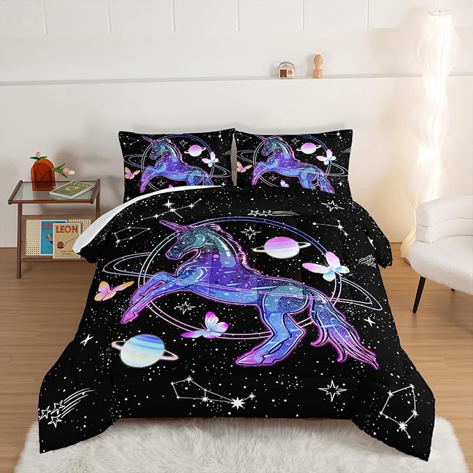 HOSIMA Unicorn Bedding Sets for Girls Kids,Butterfly Star Empty Galaxy Comforter,Unicorn Bedroom Decor for Girls Boys,Soft Microfiber Black King Size Comforter Set,Butterfly Crib Bedding Set.