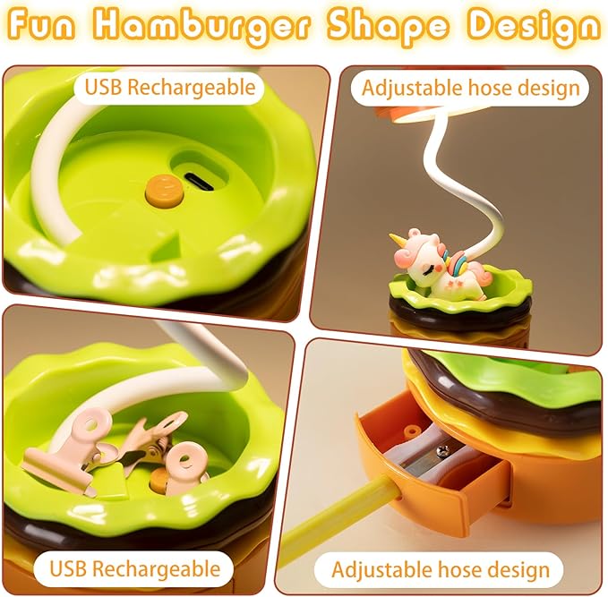 2 Pcs Cute Hamburger Lamp with Pencil Sharpener, Adjustable Novelty Night Desk Lamp, Funny Rechargeable Multifunctional Reading Bedside Lamp for Home Bedroom Boys Girls Kawaii Gift