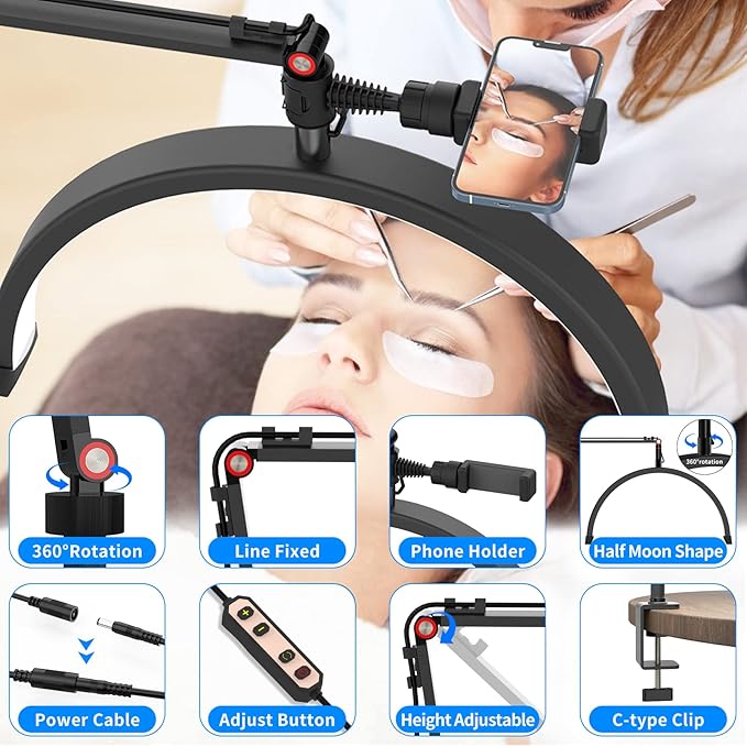 Yofuly Lash Light for Eyelash Extensions, Portable Half Moon Desk Lamp, Esthetician Light for Tattoo Artists, Nail Tech, Eyelash Lamp with Phone Holder | 3000-6000K | 10 Brightness Adjustable