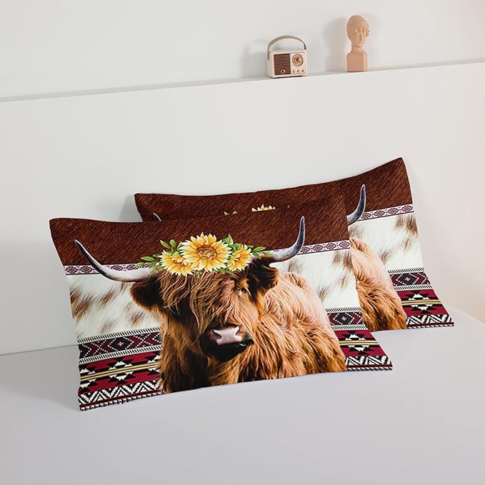 HOSIMA Highland Cow Decor Comforter with 2 Pillowcases,Animal Theme Western Bedding Sets,Brown Cowhide Black White Cow Print Comforter Set for Adults Kids,Sunflower Full Size Comforter.