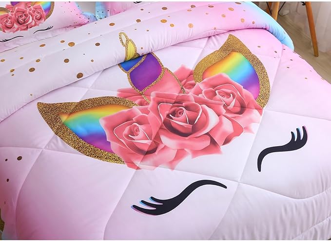 Unicorn Queen Bedding Sets for Girls Kids Comforter Set Queen Size with 2 Pillowcases Pink and Rainbow Unicorn Room Decor for Girls Bedroom Ultra Soft Machine Washable Toddler Bed Set