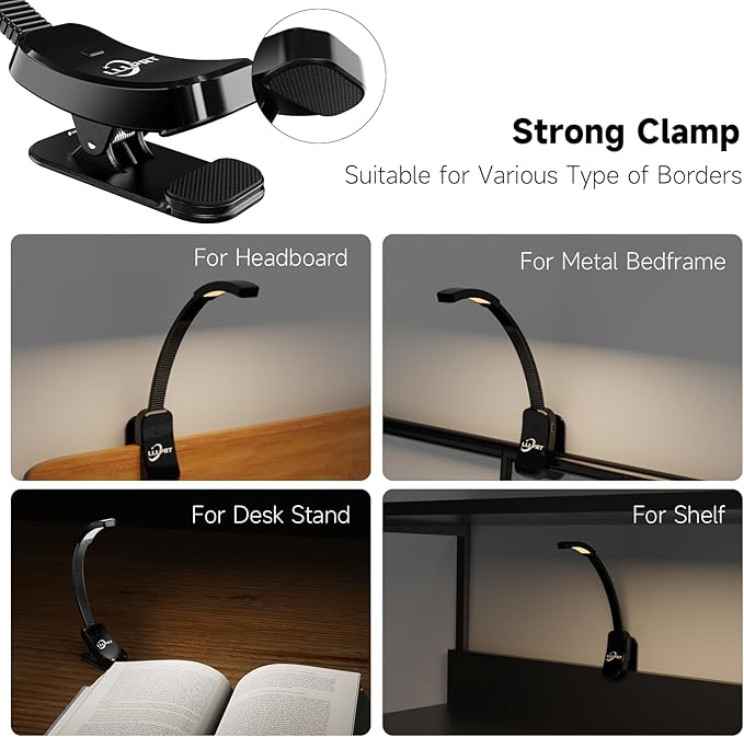 2 Pack Book Lights with Clamp, LLLPRT 10 LEDs Rechargeable USB Clip Reading Lamp with 3 Lighting Color, Stepless Dimming, Eye Friendly, 120 Hours Runtime, 360° Flexible Gooseneck, Lightweight,Portable
