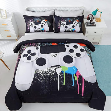 KAKKI 5 Piece Boys Full Gamer Comforter Set with Sheets, 3D Colorful Video Game Controller Comforter for Kids Teen, All Season Soft Microfiber Gaming Bedding Set(White,Full)