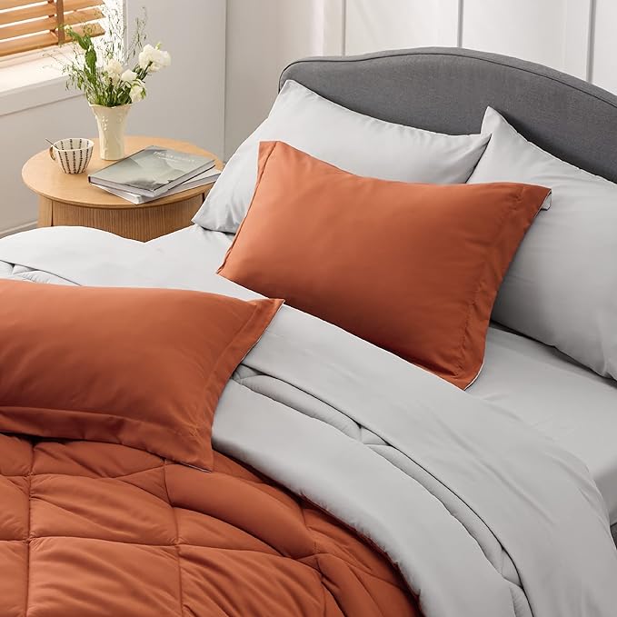 Bedsure Burnt Orange Full Size Comforter Set - 7 Pieces Reversible Full Bed in a Bag Full Bed Set with Comforters, Sheets, Pillowcases & Shams, Full Bedding Sets