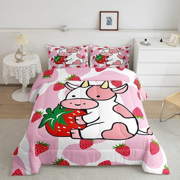 Feelyou Milk Cow Comforter Pink White Cow Strawberry Pattern Comforter Set Bedding Set for Kids Adults Kawaii Girls Milk Cow Print Duvet Set Ultra Soft Room Decor Queen Size Quilt Set
