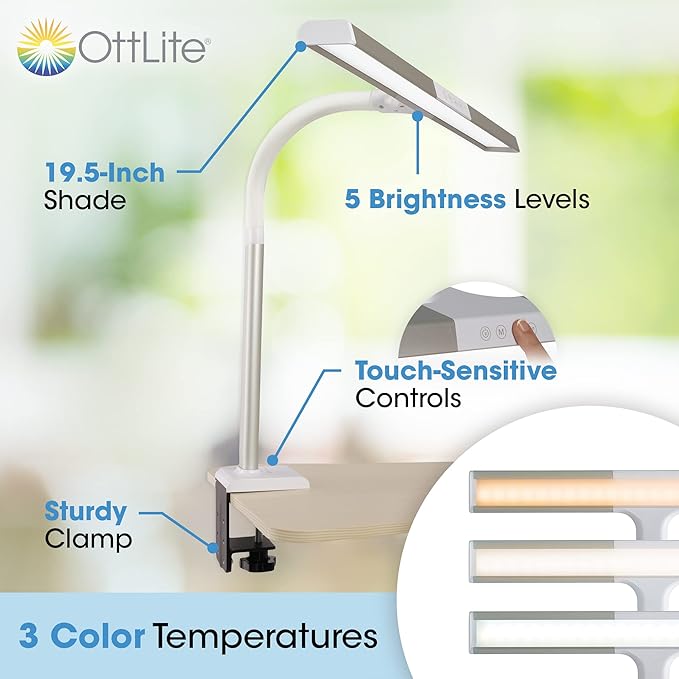 OttLite Perform LED Clamp Lamp for Desks with ClearSun LED Technology - Extra Wide Overhead Lighting with 3 Color Temperatures - Sturdy Clamp Mounts to Tables for Home, Office, Dorms & Workbench