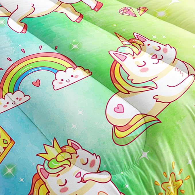 Datura home Kids Unicorn Comforter Set for Girls Boys,Kawaii Rainbow Unicorn Printed Pattern Rainbow Kawaii Bedding Set with 2 Pillowcases(Rainbow Unicorn Full)