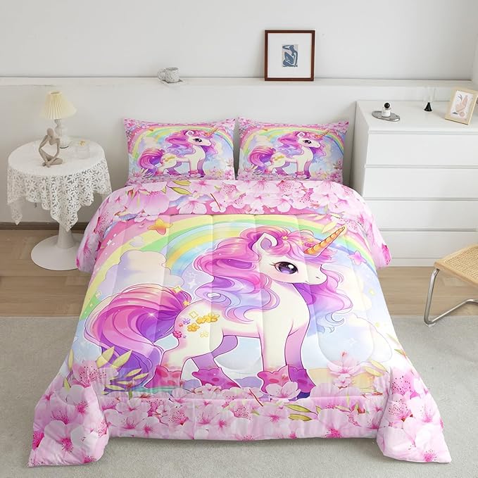 Cartoon Unicorn Kids Comforter Set King Size,Sakura Cherry Blossom Japanese Bedding Set,Girls Women Room Decor,Rainbow Unicorn Cute Down Comforter,Pink Purple Romantic Duvet Insert,2 Pillowcases