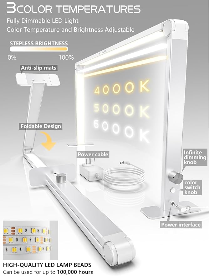 LED Desk Lamp 36W, 4000-6000K Dimmable Table Lamp, 3 Lighting Modes, Square Desk Light for Study, Model Building, Painting, Crafting-White