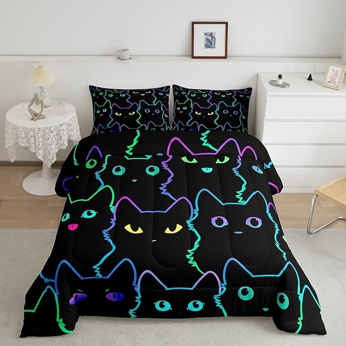 Erosebridal Full Size Bedding Set for Girls Cartoon Cat Comforter Set,Gradient Line Cute Cat Bed Sets for Kids Boys Girls Women Room Decor,Lovely Animal Kitten Print Comforter Soft,Rainbow Black
