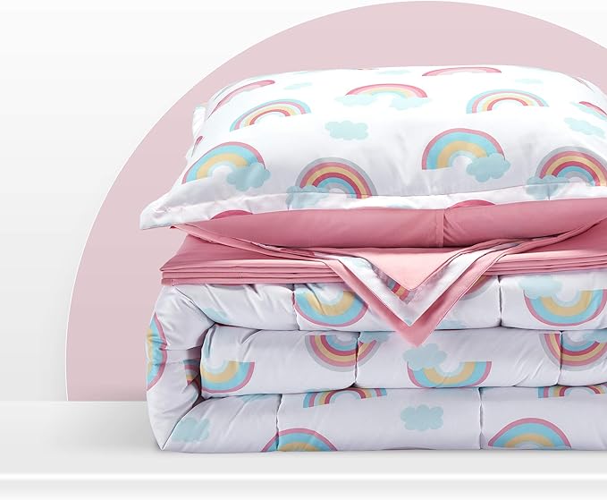 SLEEP ZONE Kids Twin Bedding Comforter Set - Super Cute & Soft Kids Bedding 5 Pieces Set with Comforter, Sheet, Pillowcase & Sham (Pink Rainbow)
