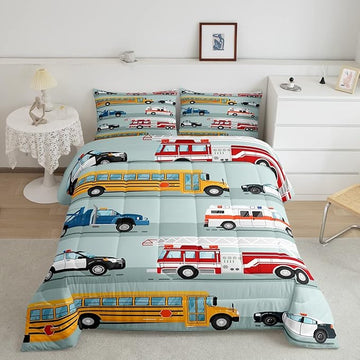 Erosebridal Fire Truck Comforter Set,Police Car Down Comforter King Size,School Bus Bedding Set for Kids Boys Teens Youth,Equipped Truck Cartoon Vehicle Quilt Duvet Insert Bedroom Dorm Decor 3 Pcs