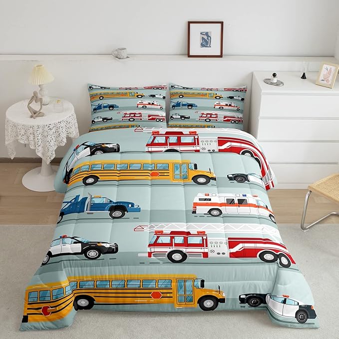 Erosebridal Fire Truck Comforter Set,Police Car Down Comforter King Size,School Bus Bedding Set for Kids Boys Teens Youth,Equipped Truck Cartoon Vehicle Quilt Duvet Insert Bedroom Dorm Decor 3 Pcs
