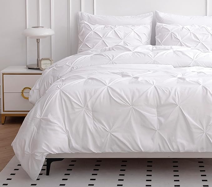 LANE LINEN White Bed Comforter Set King Size, 7 Piece White Bed in a Bag King Size Set, Soft King Bedding Sets, Pintuck King Size Bed Set, King Size Bed Comforter Set with Sheets, Pillowcases & Shams