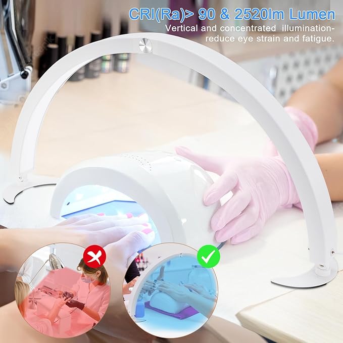 Half Moon Light for Desk, 28.7" Foldable Arch LED Nail Tech Lamp with 7 Color Modes, 10-Level Brightness for Professional Manicure Salon, Tattoo, Eyelash Extensions, Reading- White