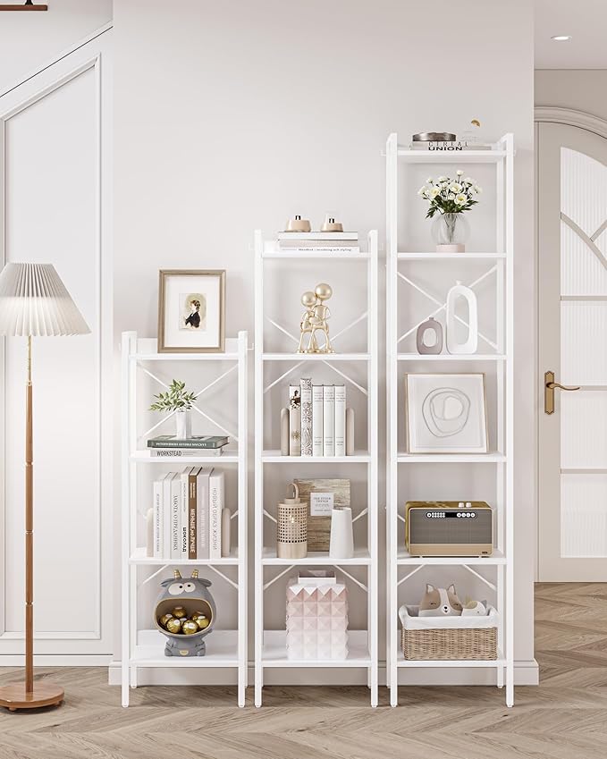 Bookshelf, Book Shelf, Industrial Bookcase with 2 Hooks, Coner Shelf Storage Organizer for Home Office, Living Room, Bedroom, Kitchen, 4-Tier White BC10413W