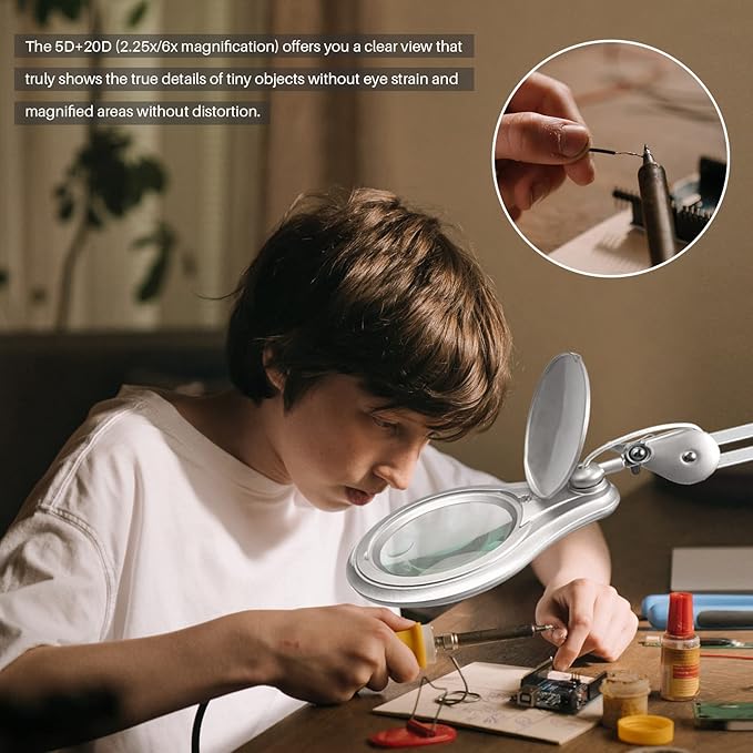 Bifocals LED Magnifying Lamp with Clamp, 5 Diopter with 20 Diopter, 5 Inch Magnifier Glass Lens, 1200 Lumens Dimmable Magnifier Lamp for Desk Craft Hobby with 60PCS Bright LEDs