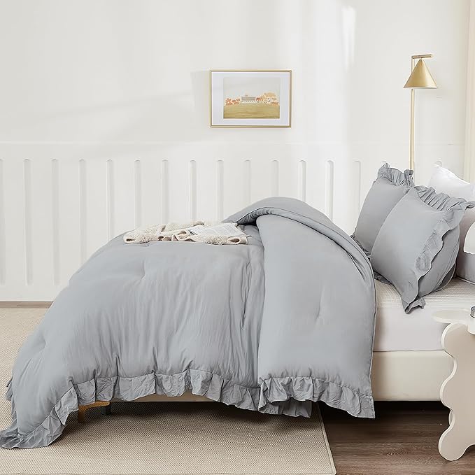 Andency Silver Gray Comforter Set California King Size, 3 Pieces Vintage Shabby Ruffle Bedding Comforter Sets for Cal King Bed, Lightweight Fluffy Soft Microfiber Farmhouse Comforter Set