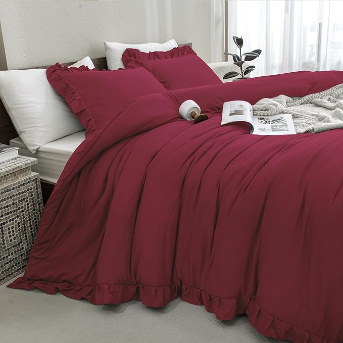 Andency Burgundy California King Comforter Set, 3 Pieces Cal King Ruffle Farmhouse Shabby Chic Comforter, Oversized All Season Lightweight Soft Microfiber Bedding Comforter (104x96Inch)
