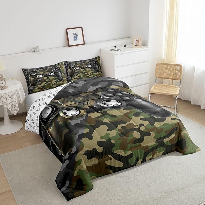 Feelyou Kids Gamer Comforter Set Camouflage Gaming Bedding Set for Boys Teens Green Black Camo Video Game Decor Comforter Gamer Console Quilt King Size Duvet Quilted 3Pcs Boys