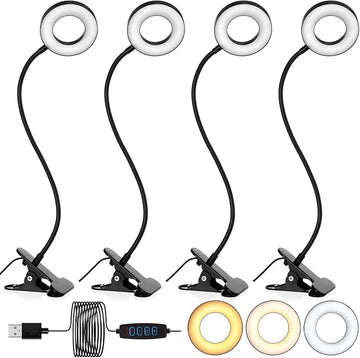 4 Pcs Desk Lamp Clip on Light 48 LEDs USB Clip Ring Light with 3 Color Modes and 10 Brightness Dimmable, Eye Protection Desk Light, 360° Flexible Gooseneck for Desk Headboard Reading