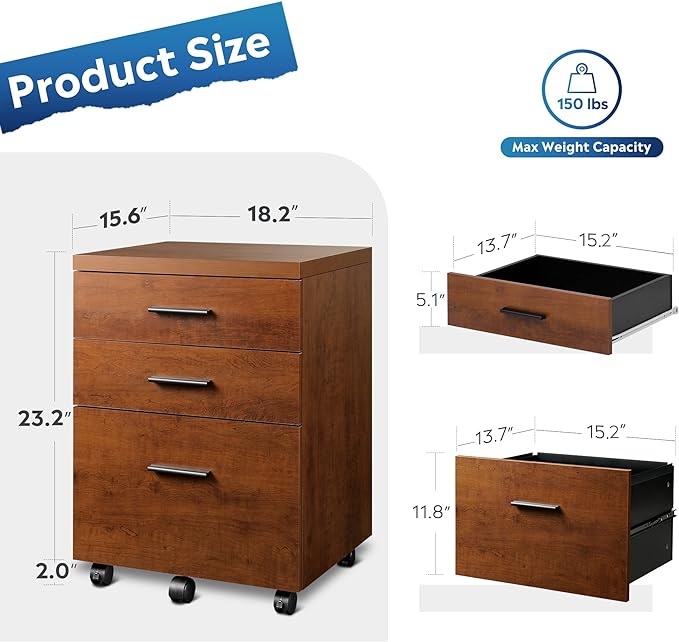 DEVAISE 3 Drawer File Cabinet for Home Office, Wood Under Desk Filing Cabinet, Rolling Printer Stand with Wheels, Walnut