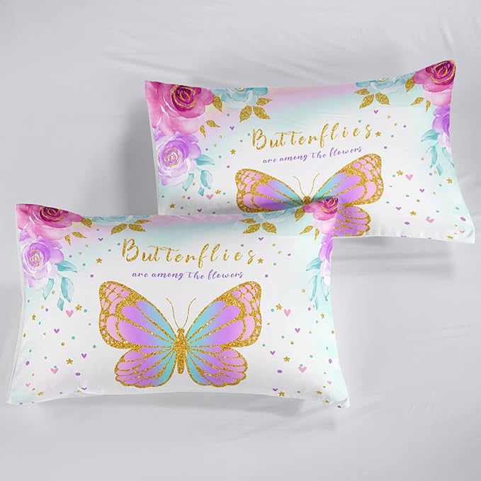 CVHOUSE Butterfly Bedding Set,Butterfly Comforter Queen,Butterfly Comforter Set for Girls Kids Teens,Butterflies Quilt Set with 1 Comforter and 2 Pillow Cases- 3 Piece