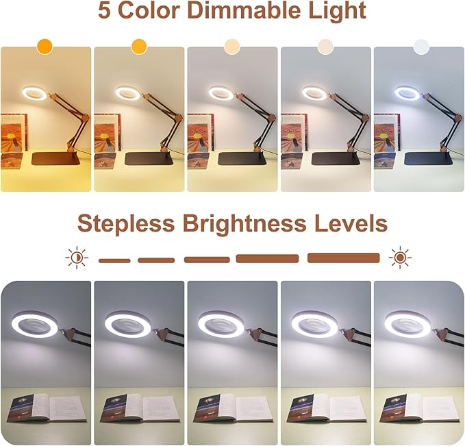 Magnifying Glass with Light, 5 Color Modes Stepless Dimmable 2-in-1 Desktop Lamp and Clamp, LED Lighted Magnifier with Light and Stand, Hands Free for Craft Repair Hobby Painting Close Work